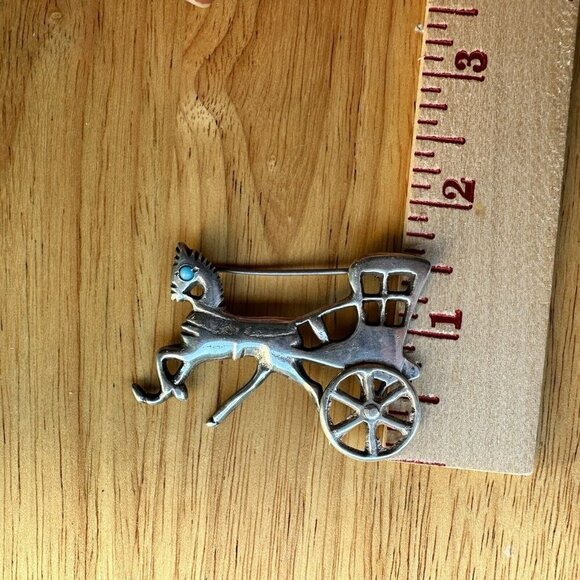 VTG Mexico Brooch Horse Buggy 2.25" Turquoise Articulated Wheel Sterling 16.3g - Picture 5 of 7
